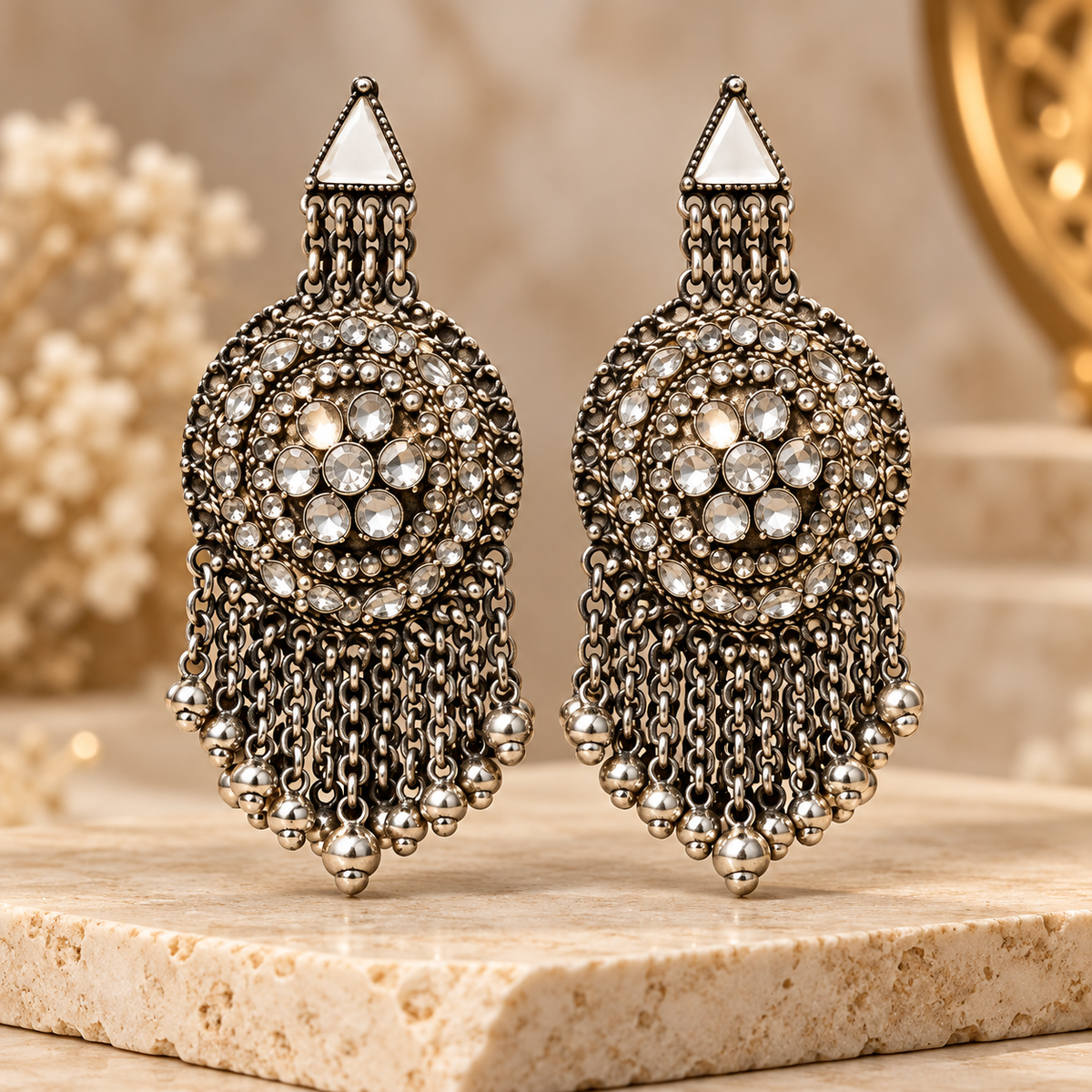 Antique Silver White Crystal Round Chandelier Earrings with Chain & Bell Danglers