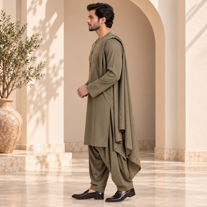 Afghan Royal Heritage Embroidered Shalwar Kameez – Olive Grey