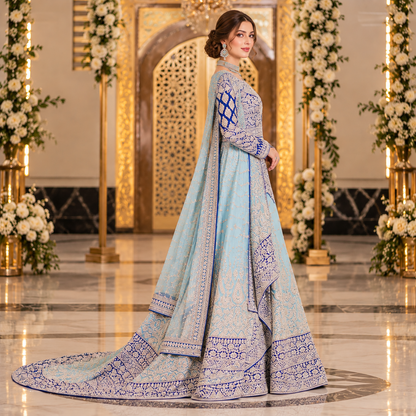 Royal Ice Blue Luxury Embroidered Bridal Lehenga Dress