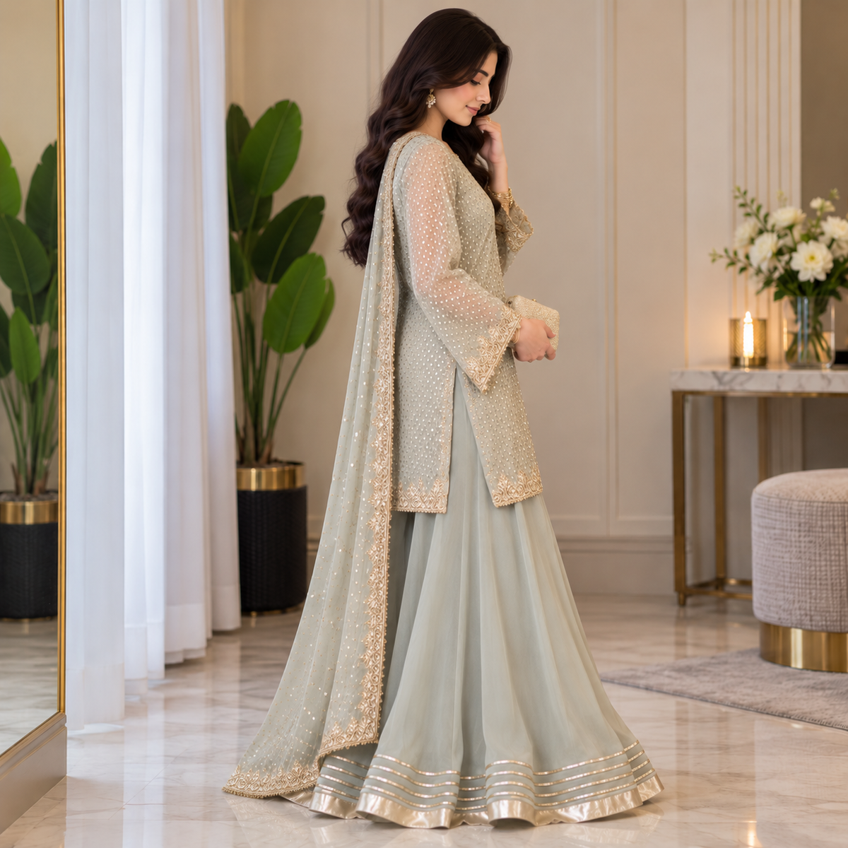 Sage Elegance – Luxury Embellished Party Wear Sharara