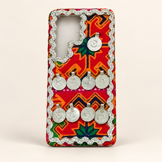 Traditional Multicolor Handmade Embroidered Mobile Cover with Silver Coin Charms