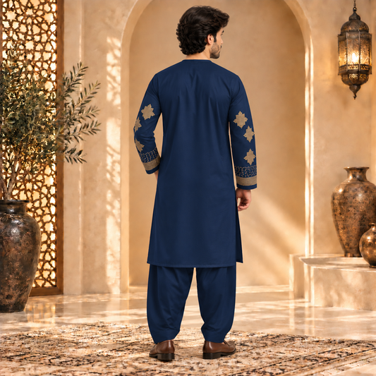 Afghan Traditional Navy Blue Embroidered Kurta Shalwar – Royal Gold Heritage Wear