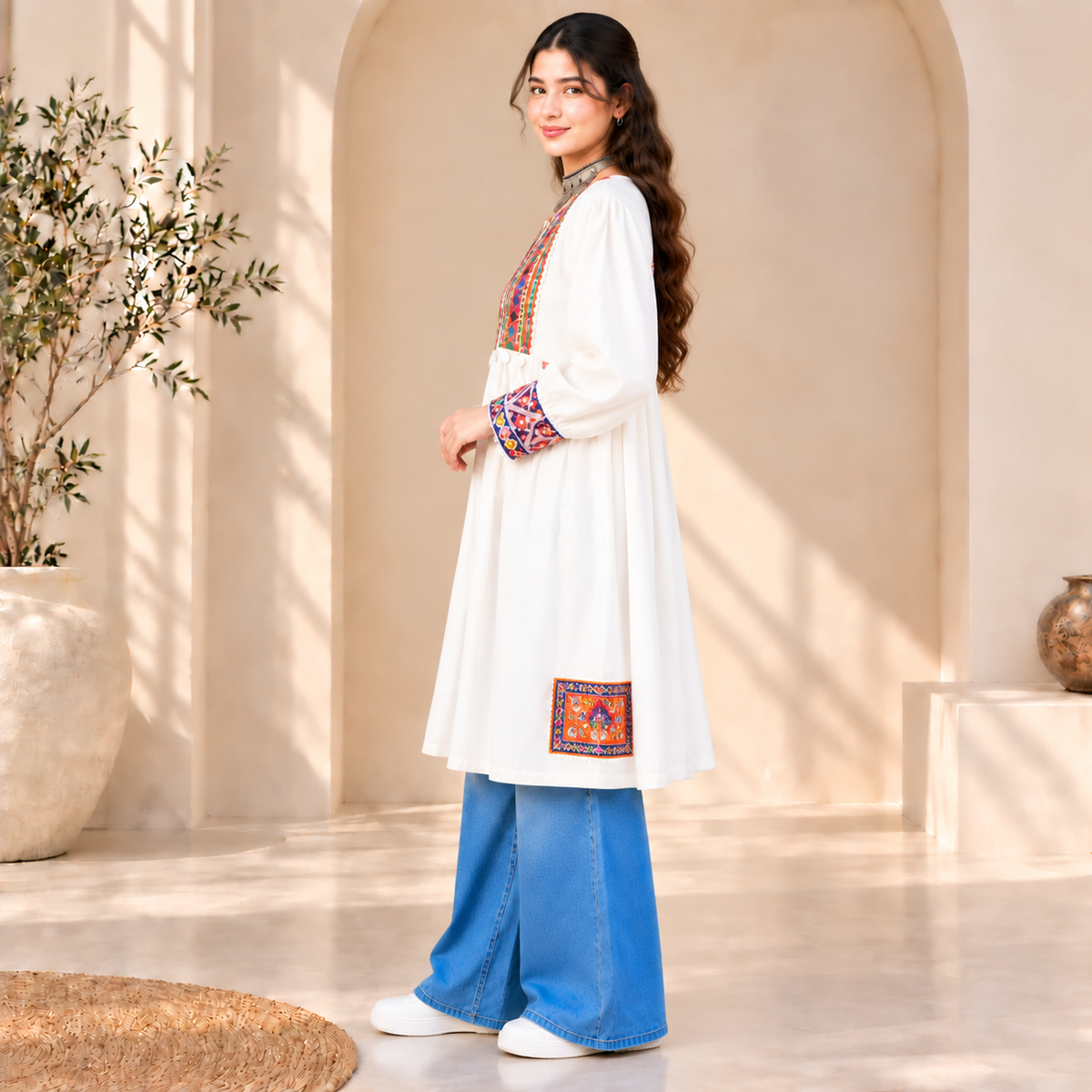 Afghan Heritage White Embroidered Coat