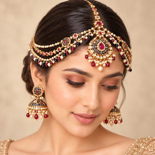 Luxury Ruby Red &amp; Navy Blue Gold Bridal Matha Patti Jewelry Set
