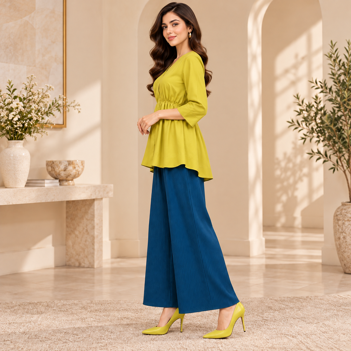 Women's Lime Yellow Peplum Top with Teal Blue Wide-Leg Palazzo Pants – 2 Piece Set