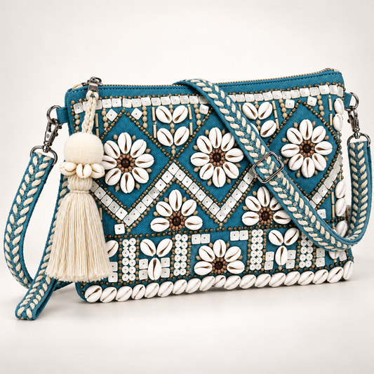 Ocean Teal Handmade Boho Crossbody Bag with Cowrie Shell Flowers, Beadwork & Tassel