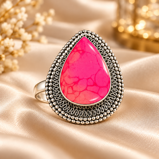 Luxury Hot Pink Teardrop Antique Silver Handmade Statement Ring