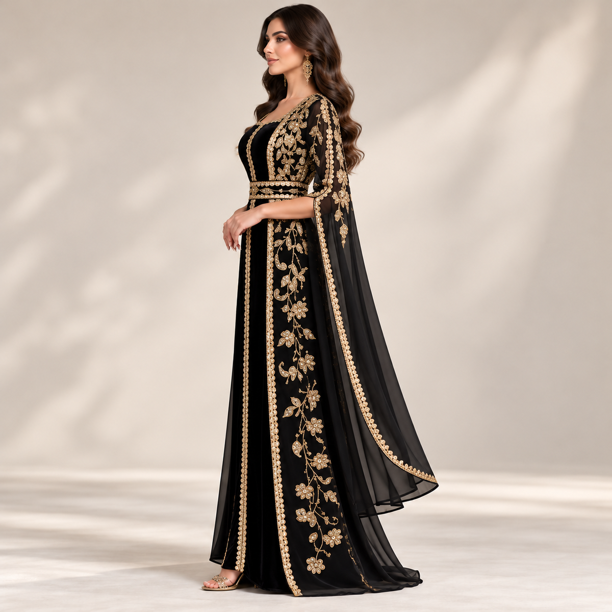 Luxury Black &amp; Gold Embroidered Maxi Dress – Elegant Traditional Formal Wear