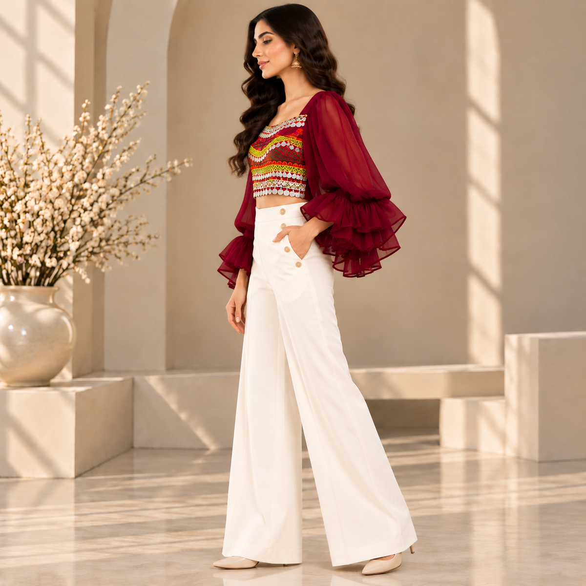 Maroon Heritage Embroidered Crop Top