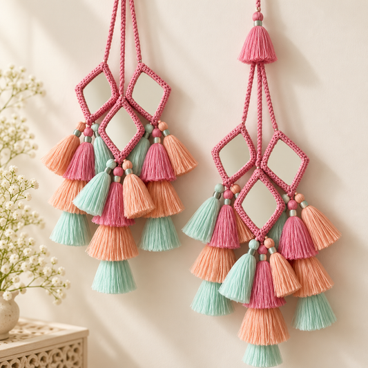 Luxury Pastel Pink, Peach &amp; Mint Green Handmade Mirror Work Tassels