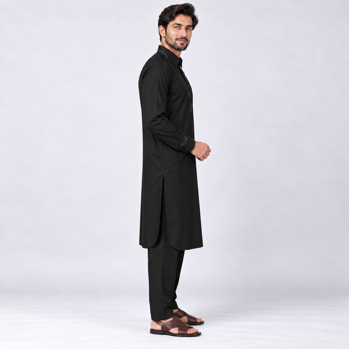 Classic Black Men’s Shalwar Kameez with Contrast Accents