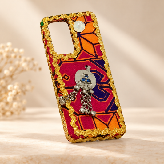 Boho Handmade Embroidered Mobile Cover with Golden Trim & Silver Tassel Charms – Magenta