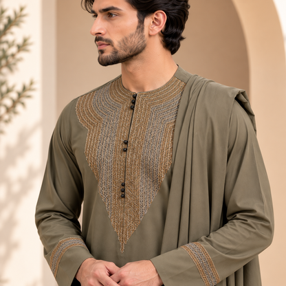 Afghan Royal Heritage Embroidered Shalwar Kameez – Olive Grey