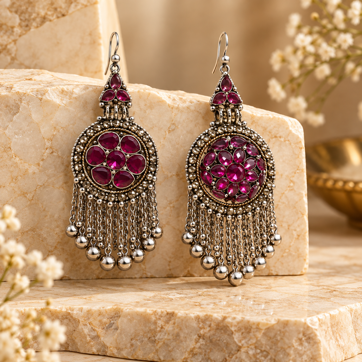 Antique Silver Ruby Pink Stone Filigree Chandelier Earrings with Bell Danglers