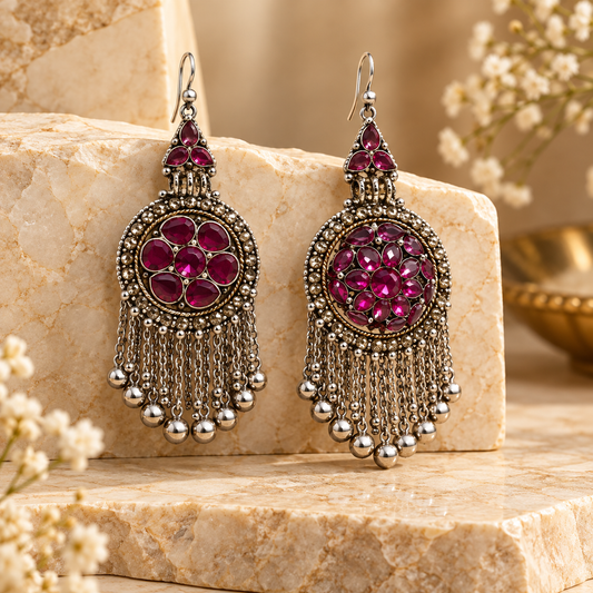 Antique Silver Ruby Pink Stone Filigree Chandelier Earrings with Bell Danglers