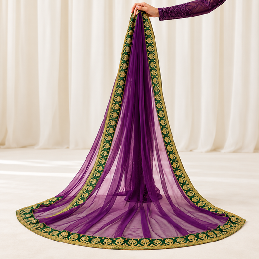 Royal Purple & Emerald Green Embroidered Bridal Dupatta
