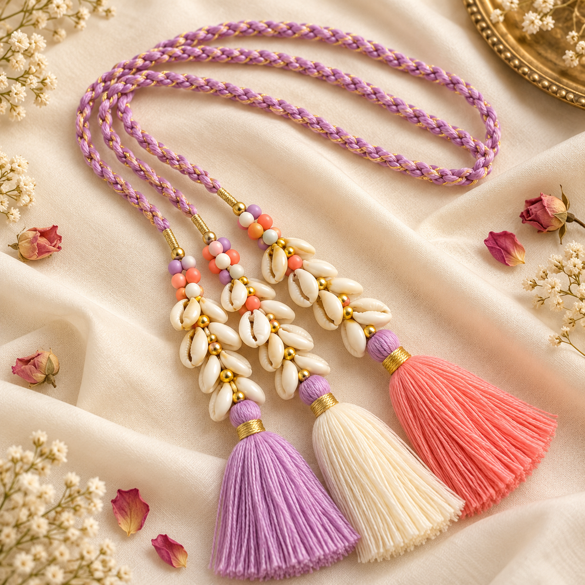Luxury Lavender, Ivory &amp; Coral Pink Handmade Cowrie Shell Tassels