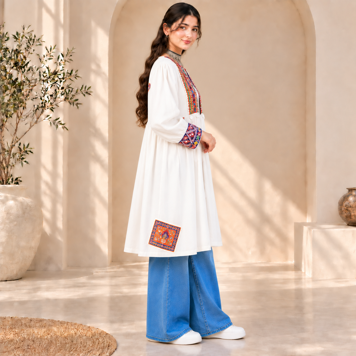 Afghan Heritage White Embroidered Coat