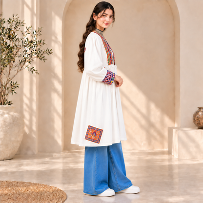 Afghan Heritage White Embroidered Coat