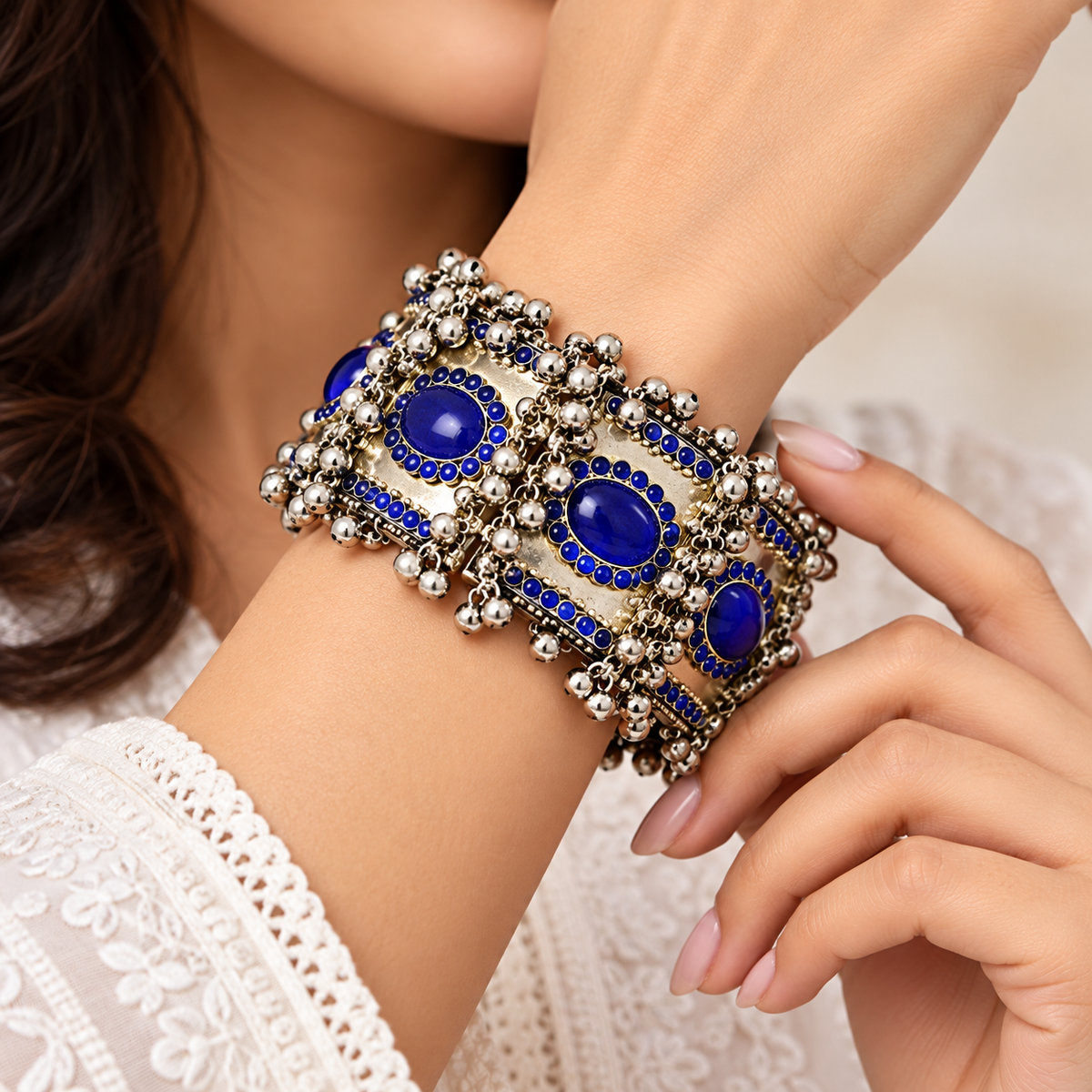 Vintage Royal Blue Stone Ghungroo Cuff Bracelet – Antique Tribal Jewelry