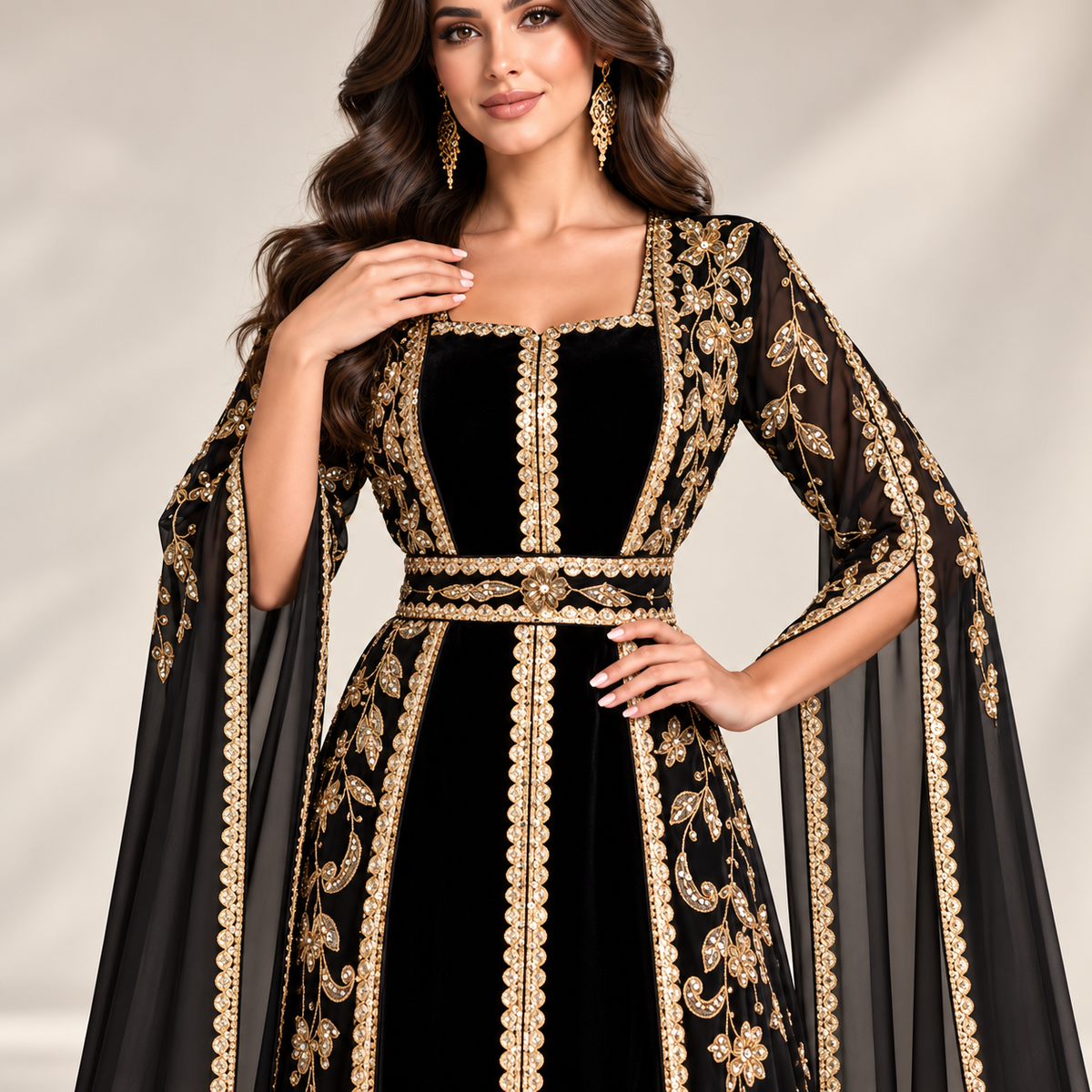 Luxury Black &amp; Gold Embroidered Maxi Dress – Elegant Traditional Formal Wear
