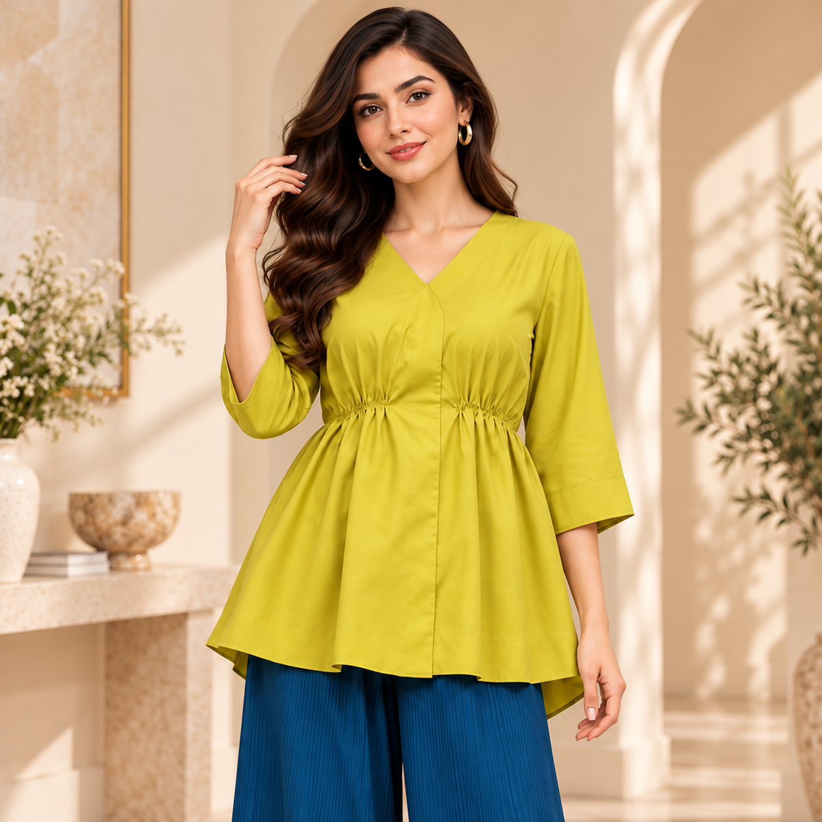 Women's Lime Yellow Peplum Top with Teal Blue Wide-Leg Palazzo Pants – 2 Piece Set