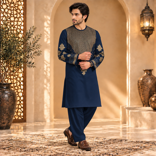 Afghan Traditional Navy Blue Embroidered Kurta Shalwar – Royal Gold Heritage Wear