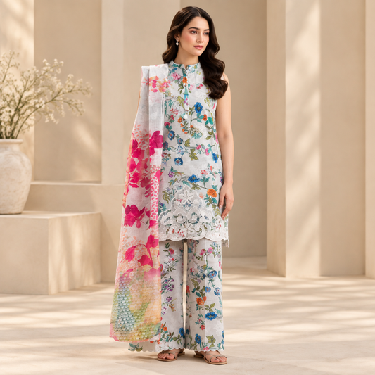 Ivory Bloom Floral Printed 3-Piece Suit