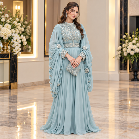 Ice Blue Luxury Pearl Embellished Maxi Dress