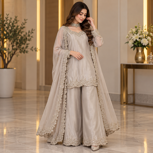 Champagne Grace – Luxury Embroidered Party Wear Ensemble
