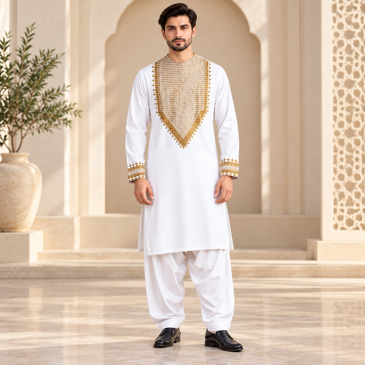 Afghan Royal Heritage Embroidered Shalwar Kameez – Classic White &amp; Gold