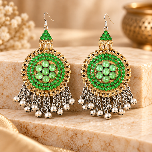 Antique Gold Emerald Green Stone Round Chandelier Earrings with Silver Bell Danglers