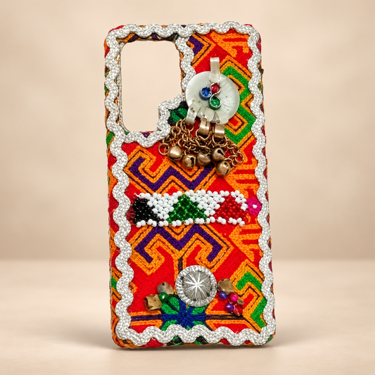 Traditional Handmade Embroidered Mobile Cover with Silver Trim, Colorful Beadwork & Antique Bell Charms – Multicolor
