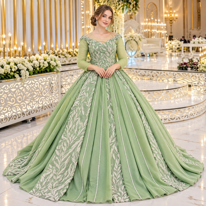Royal Sage Green Luxury Floral Embroidered Bridal Gown