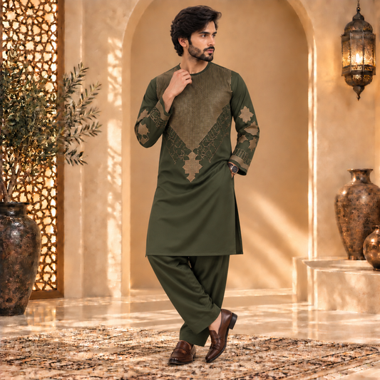 Afghan Traditional Olive Green Embroidered Kurta Shalwar – Royal Gold Heritage Wear