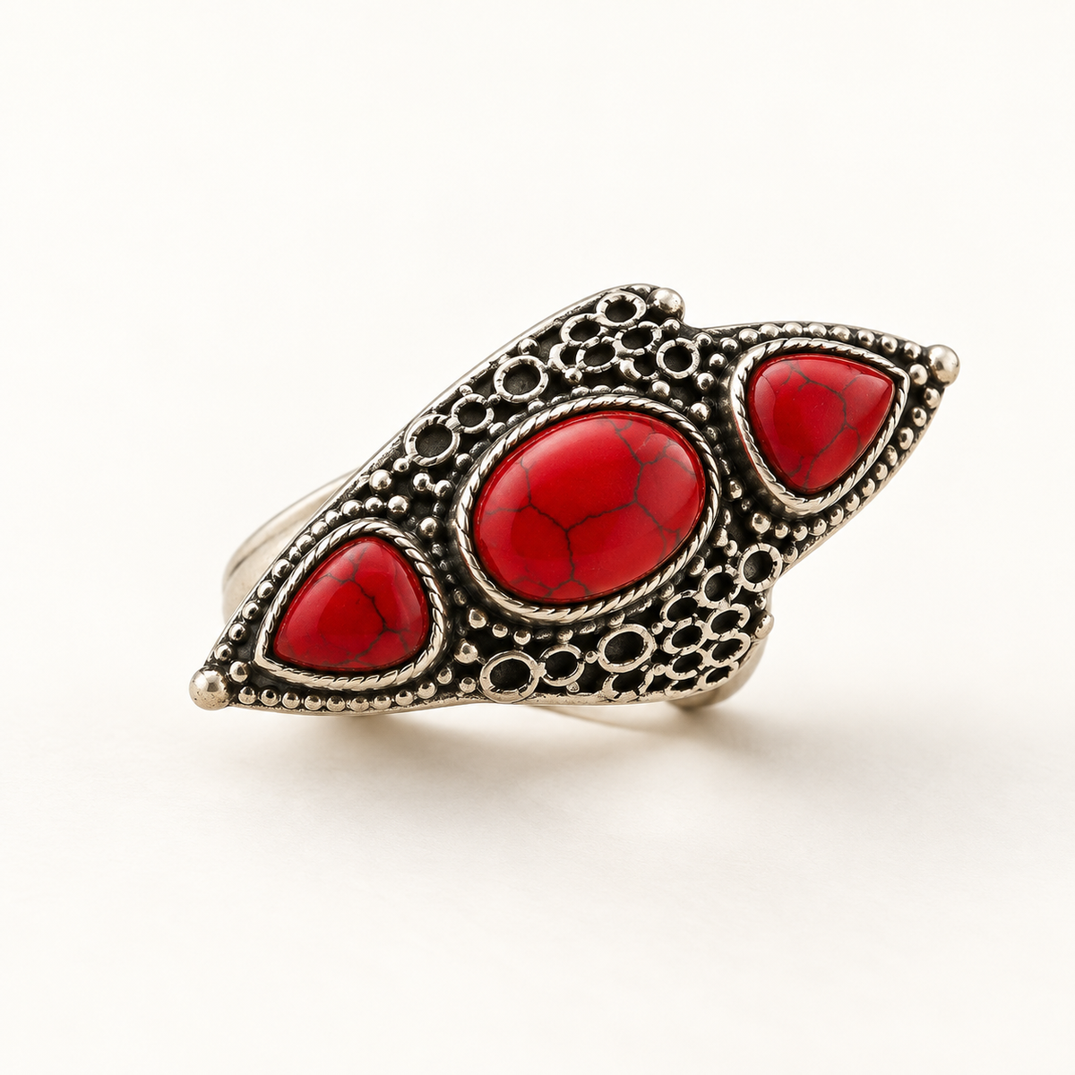 Luxury Red Stone Antique Silver Handmade Tribal Statement Ring
