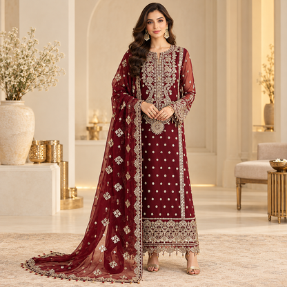Mahrosh Maroon Embroidered Formal Suit