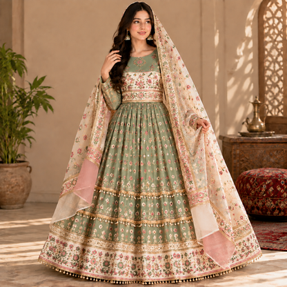 Afghan Traditional Sage Green Embroidered Dress – Elegant Floral Heritage Gown