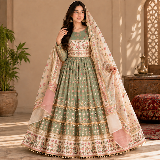 Afghan Traditional Sage Green Embroidered Dress – Elegant Floral Heritage Gown