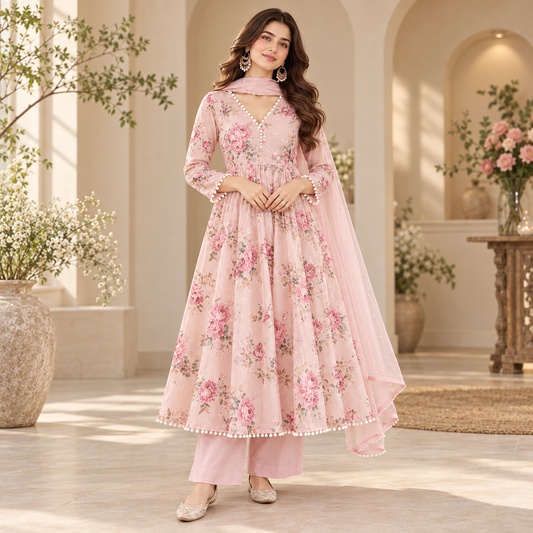 Women's Blush Pink Floral Printed Anarkali 3-Piece Suit