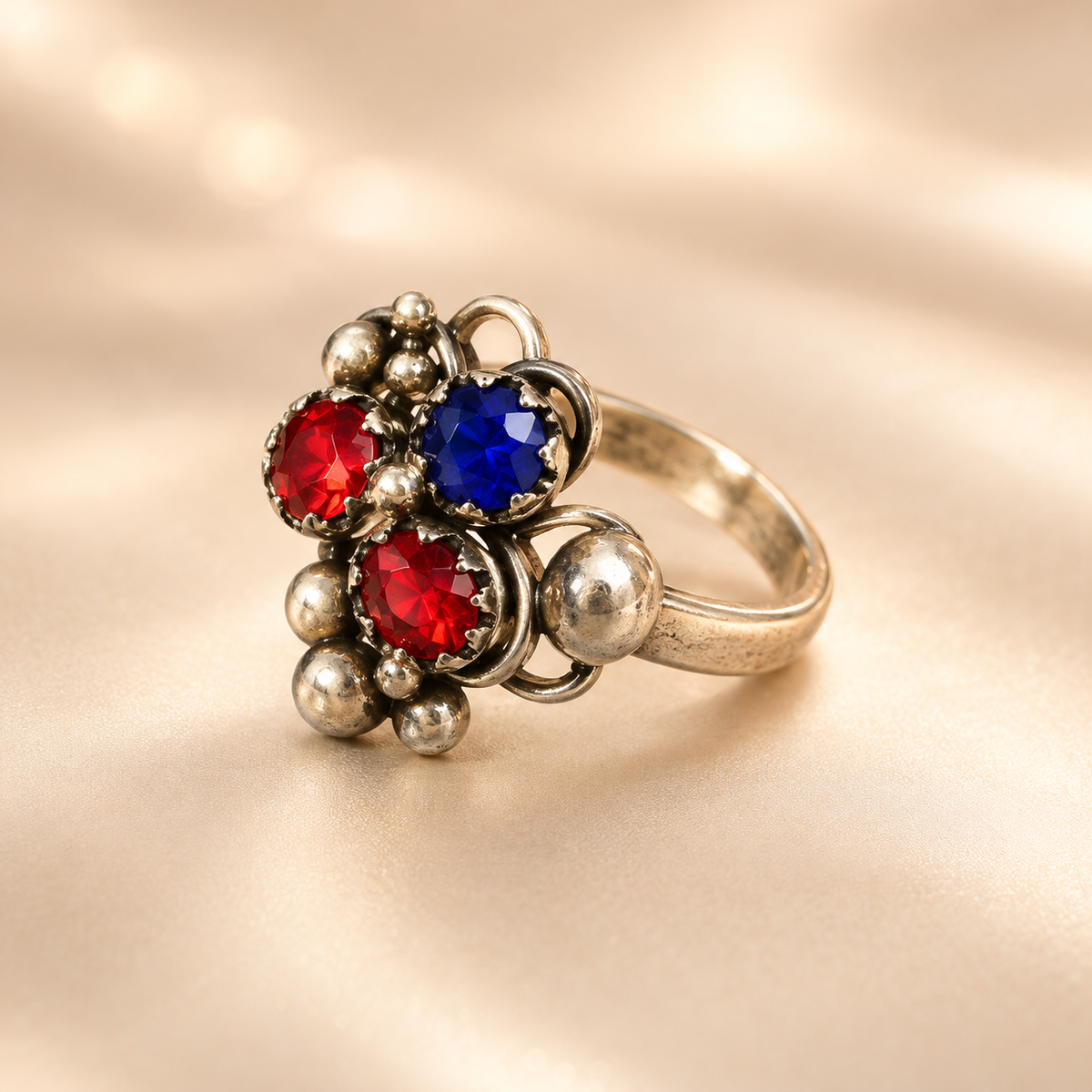 Luxury Ruby Red &amp; Royal Blue Handmade Vintage Floral Statement Ring