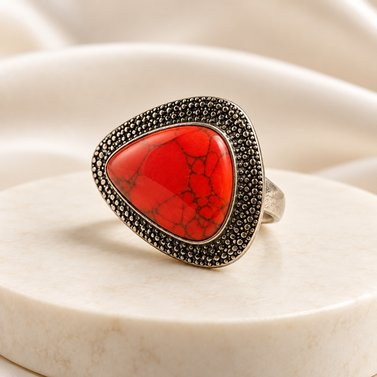 Luxury Red Stone Antique Silver Handmade Vintage Statement Ring