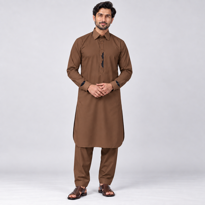 Coffee Brown Men’s Shalwar Kameez with Contrast Accents