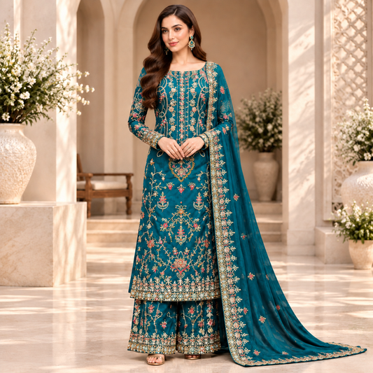 Azure Royale – Luxury Teal Blue Pakistani Embroidered Suit