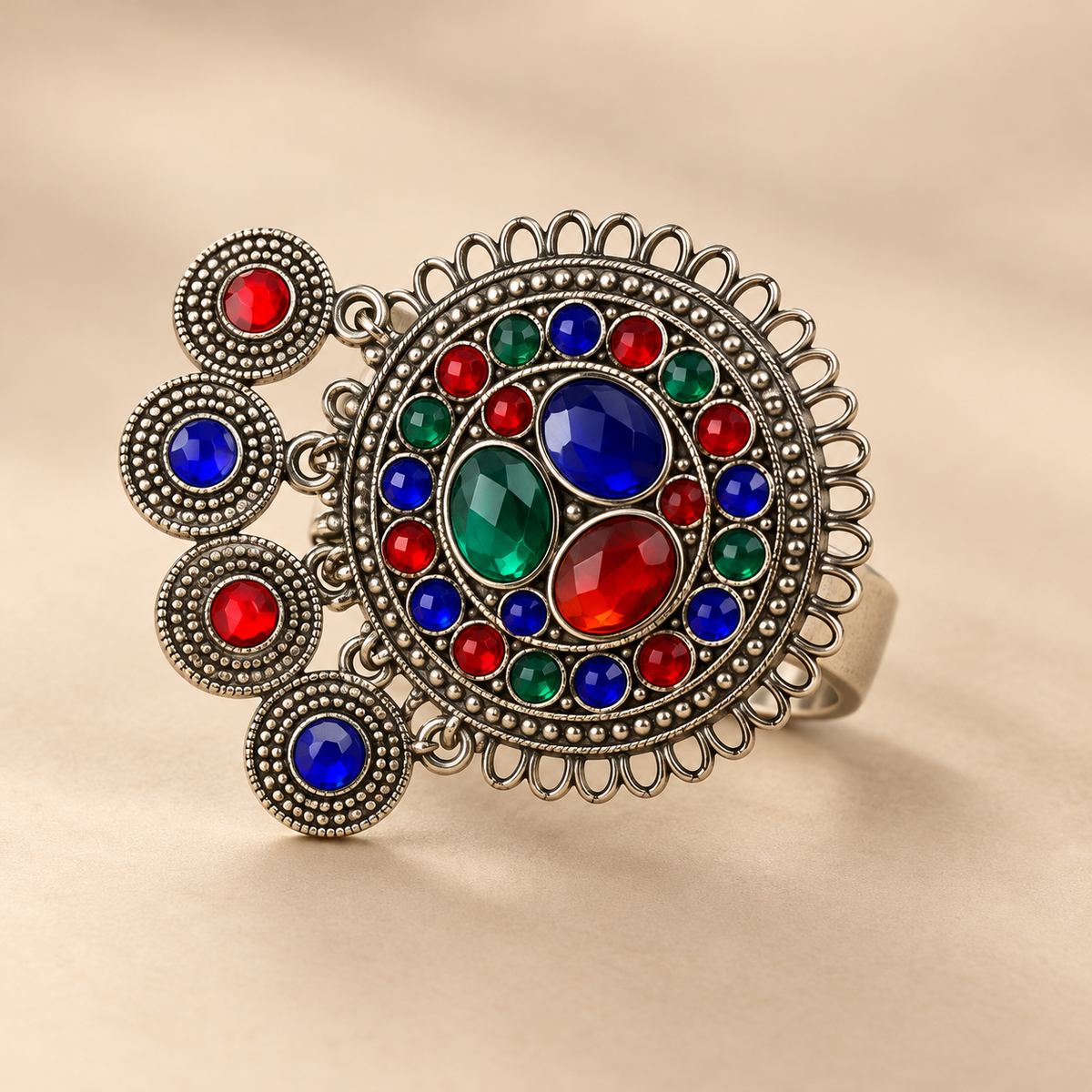 Luxury Multicolor Antique Silver Handmade Mandala Statement Ring
