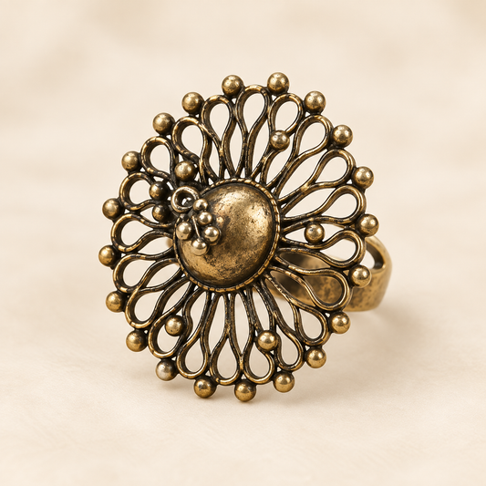 Luxury Antique Gold Handmade Floral Mandala Statement Ring