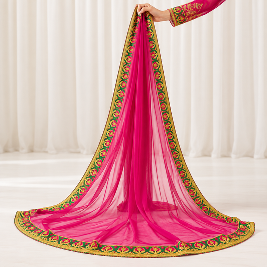 Fuchsia Pink & Emerald Green Embroidered Bridal Dupatta