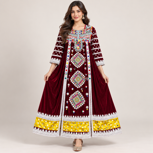 Traditional Maroon Embroidered Maxi Dress – Elegant Cultural &amp; Festive Wear