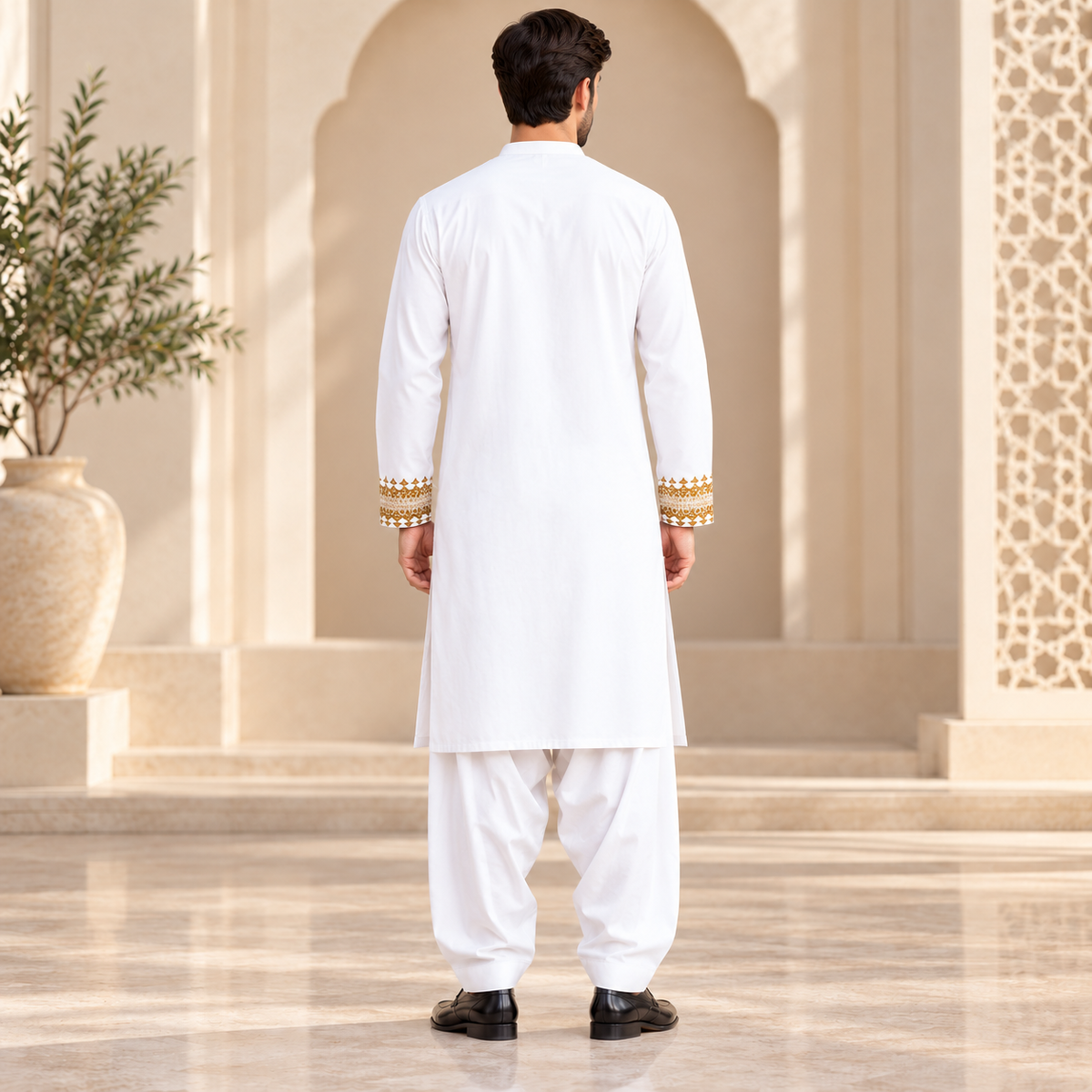 Afghan Royal Heritage Embroidered Shalwar Kameez – Classic White &amp; Gold