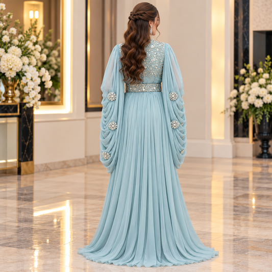 Ice Blue Luxury Pearl Embellished Maxi Dress